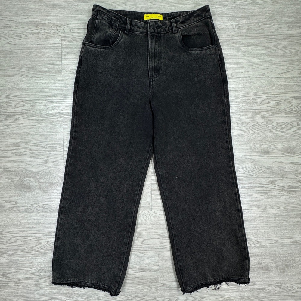 One Half Womens Jeans Wide Leg Faded Black 6 Raw Hem High Rise Cotton Denim